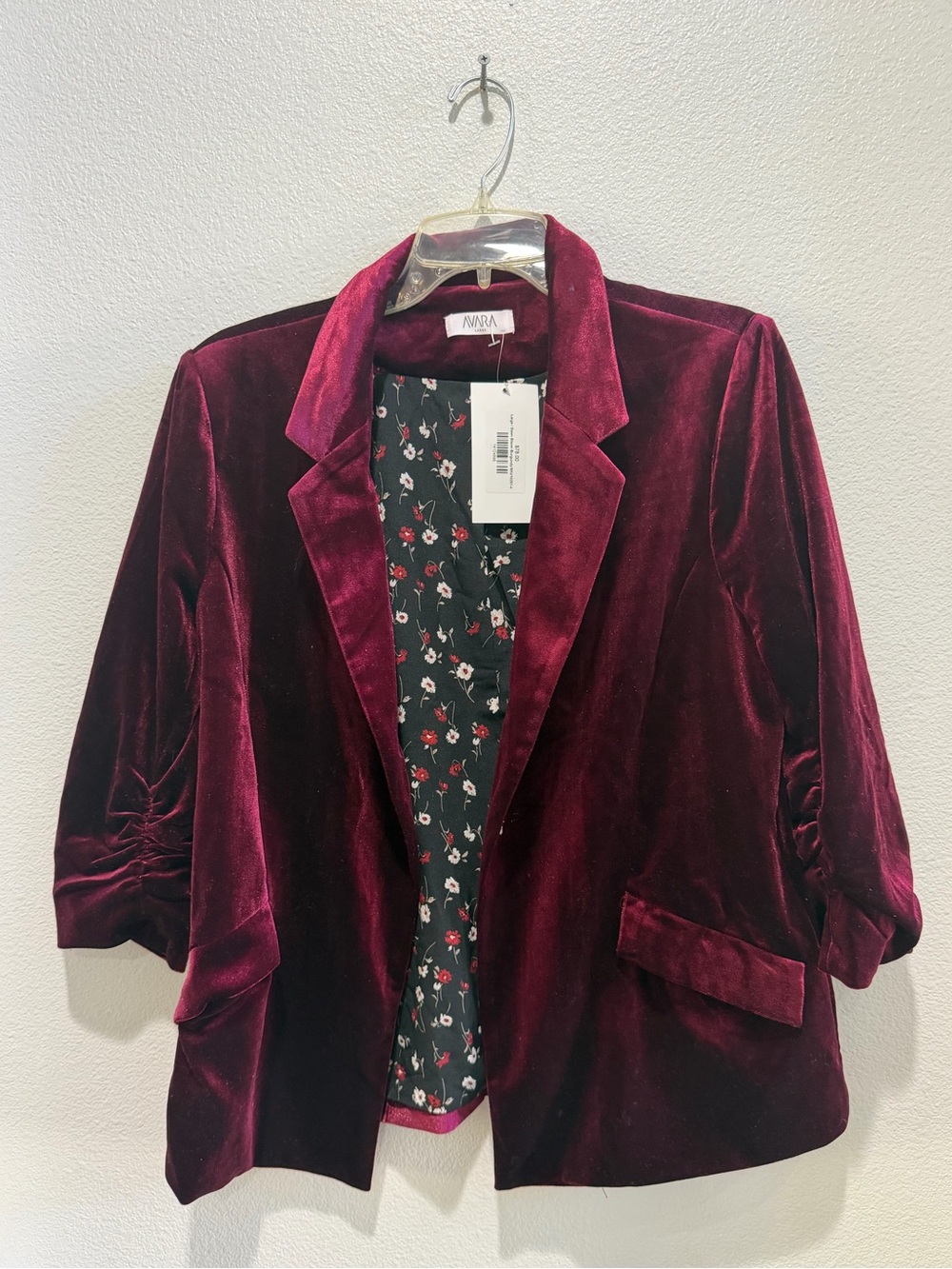 AVARA Velvet Maroon Blazer with floral lining and touched cuffs size large
